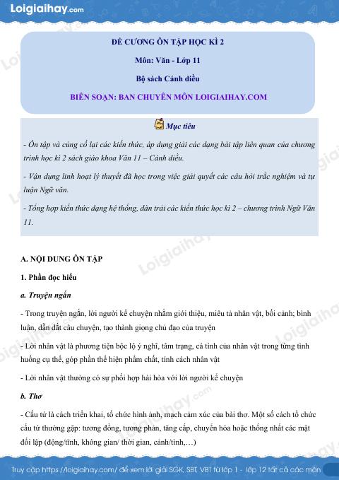 ĐỀ CƯƠNG ÔN TẬP HK2 Văn 11 Cánh diều có đáp án